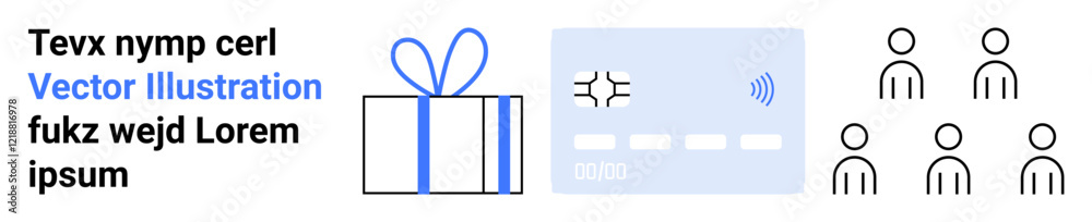 Gift box with bow, contactless credit card, placeholder text, and stick figure group. Ideal for financial services, gift-giving, e-commerce, marketing, teamwork presentations website elements Gift box with bow, contactless credit card, placeholder text, and stick figure group. Ideal for financial services, gift-giving, e-commerce, marketing, teamwork presentations website elements