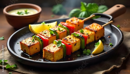 Street food style paneer tikka skewers served on sizzling hot plate
