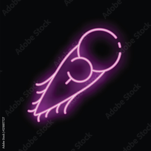 Neon purple comet with bright tail flying through the darkness