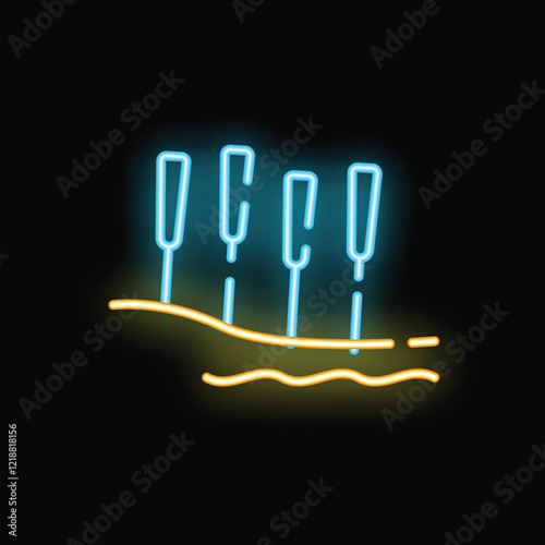 Fototapet Bright blue neon style icon depicting rowing oars resting on a riverbank above a