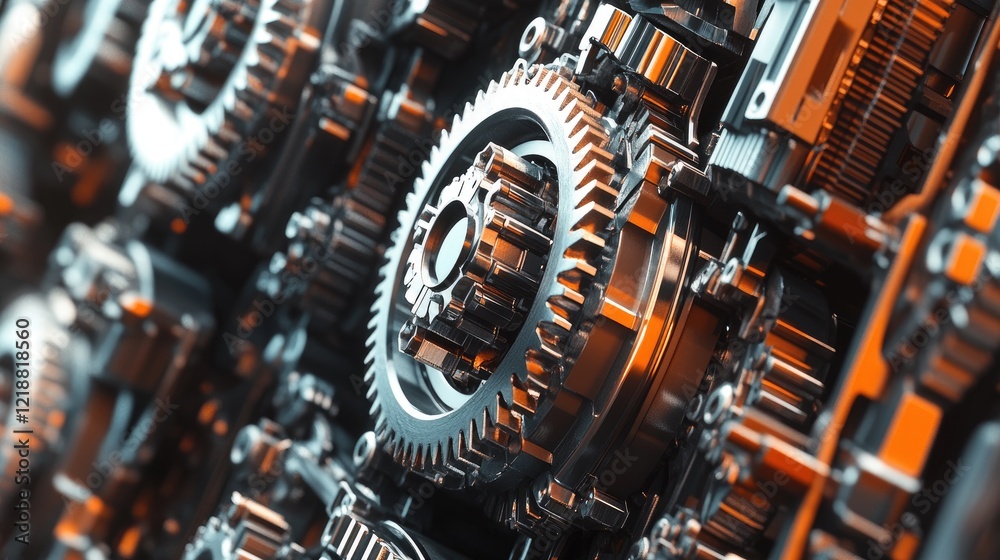 Fototapeta premium Intricate Gear System Close-Up. Industrial Machine Mechanics