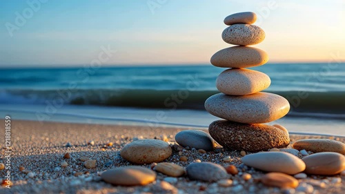 Balanced rock pyramid on sea pebbles beach