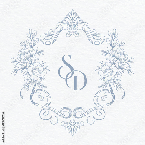 Wedding monogram with SD initials Design. Floral monogram crest design. Vintage elegant wedding crest design.