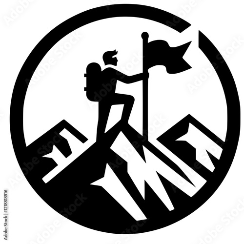 A hiker holding a flag at the summit of a mountain, symbolizing achievement and determination
