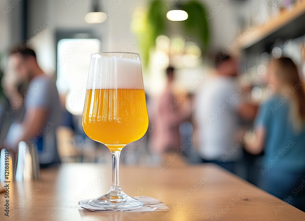Close-up of a glass of light beer from the brand on a wooden table in a bar interior, with blurred people in the background. High-resolution photography, high detail