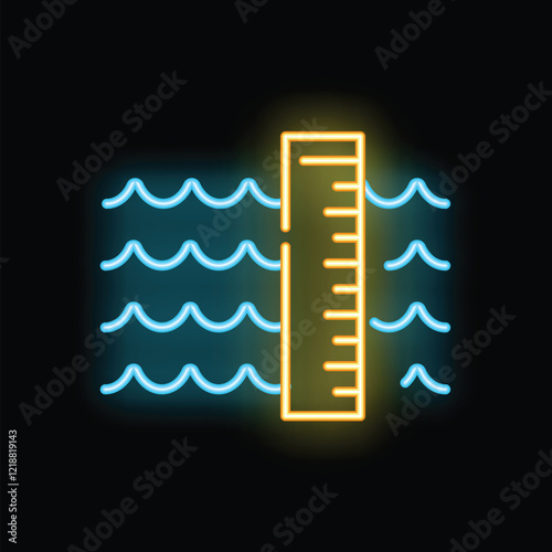 Neon sign illuminating a ruler measuring rising water levels