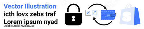 Vector artwork showing a lock, arrows around a wallet, and a shopping bag. Ideal for data security, online shopping, e-commerce, secure transactions, and digital assistance. Landing page