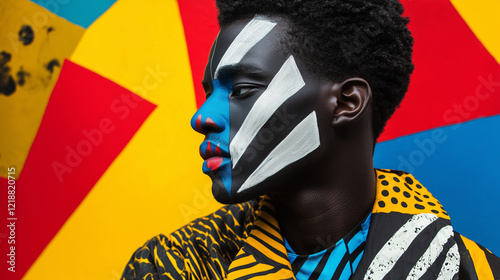 An African American man in a sculptural outfit with bold geometric patterns, his face painted subtly to enhance the futuristic look