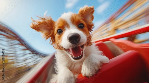 Funny cute dog riding a rollercoaster, the puppy's fur is blowing by wind