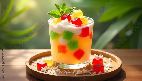 Wallpaper Mural A refreshing clear glass of chè dessert with jelly cubes, coconut milk, and crushed ice Torontodigital.ca