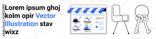 E-commerce storefront with striped awning, shopping icons, modern chair, large and small keys. Ideal for online shopping, furniture retail, security, home keys digital marketing promotions. Landing