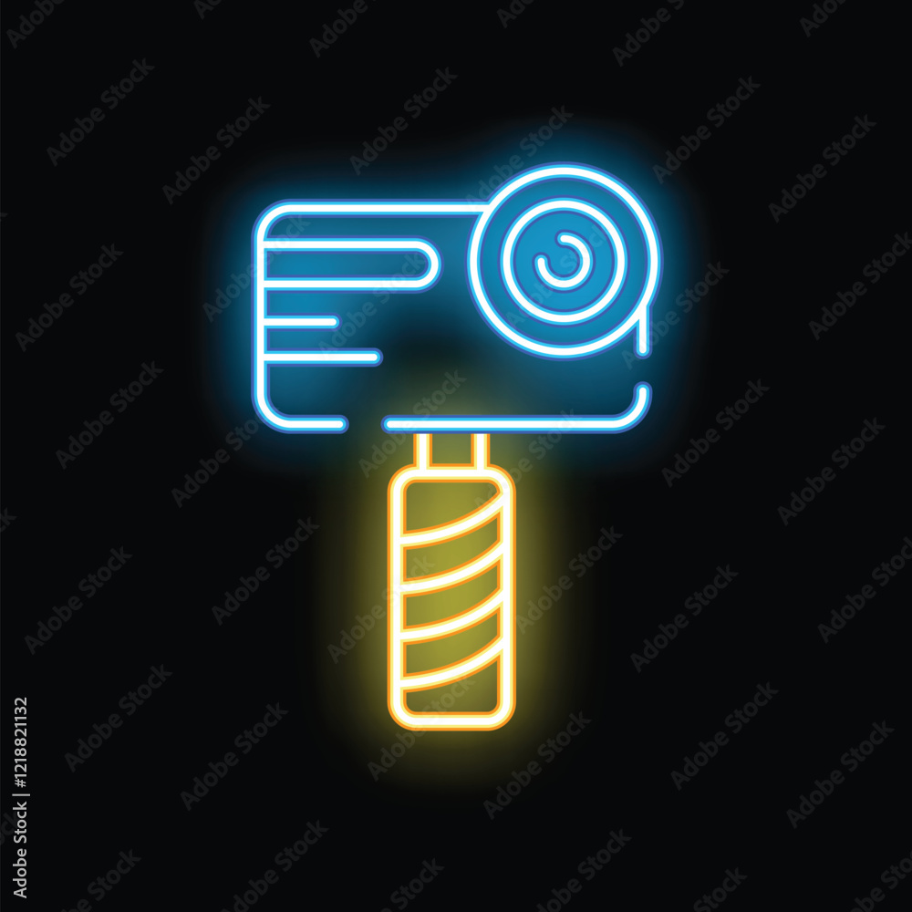 Bright neon icon of action camera mounted on a selfie stick glowing on dark background Bright neon icon of action camera mounted on a selfie stick glowing on dark background