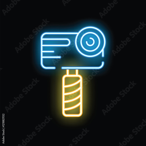 Bright neon icon of action camera mounted on a selfie stick glowing on dark background