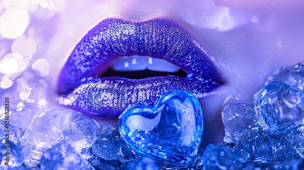 Naklejka premium Close-Up of Blue Lips with Heart Shaped Ice in Shimmering Light