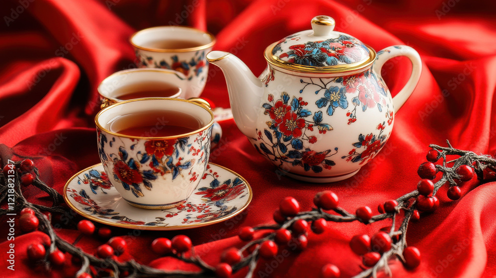 Fototapeta premium Chinese tea set with floral designs arranged on red silk cloth with New Year ornaments: Lunar New Year