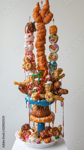 Sweet treat tower, sugary delights, studio shot, food art, unhealthy snack photo