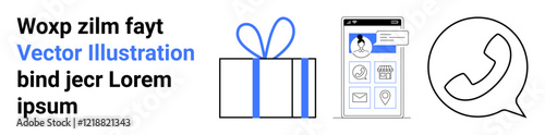 Gift box with ribbon, phone screen showing contact interface, call icon in speech bubble. Ideal for online shopping, digital communication, customer service, gifting, social media, app interfaces