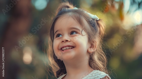 In a peaceful natural environment, a cheerful child with a radiant smile looks upwards joyfully, representing youth, joy, and the beauty of nature. This image symbolizes innocence and happiness photo