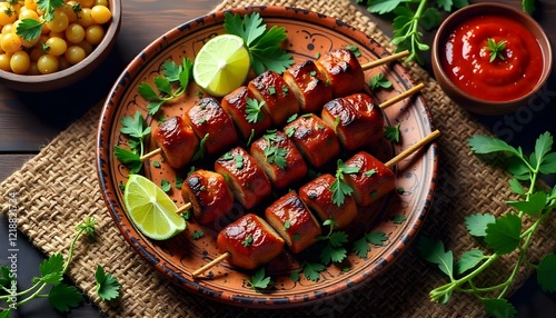 A vibrant wooden board with smoky anticuchos, garnished and ready to eat photo