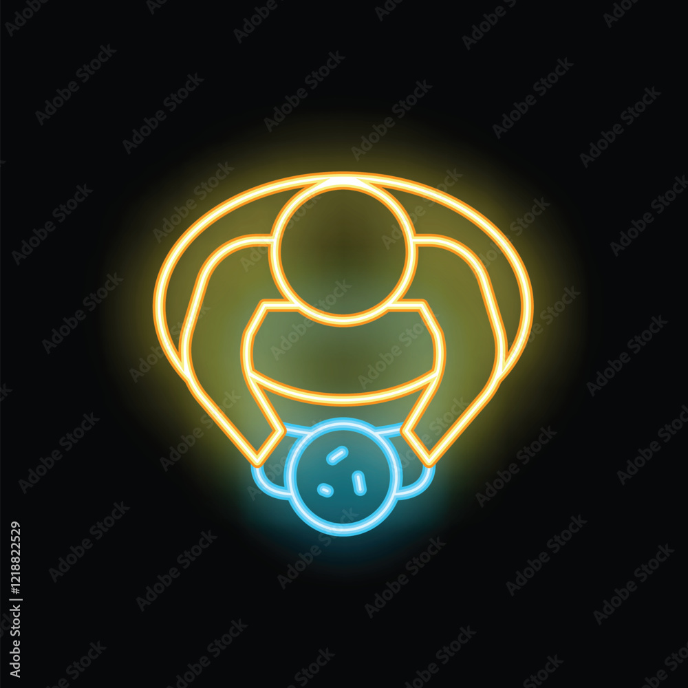 Glowing neon sign representing a skydiver jumping with a parachute on a black background Glowing neon sign representing a skydiver jumping with a parachute on a black background