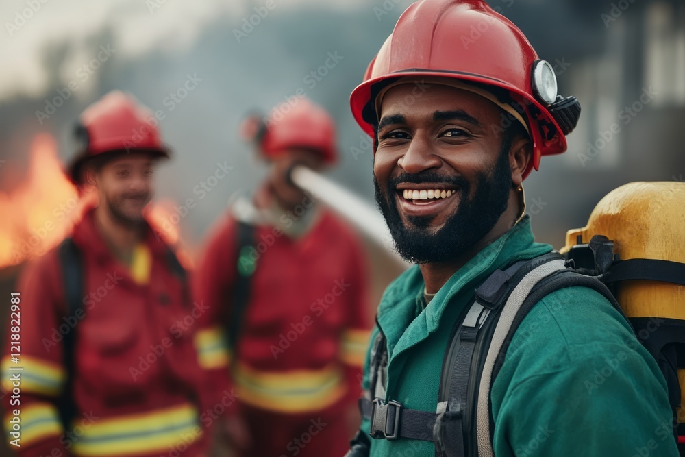 Cheerful firefighter wearing a red helmet and green uniform smiles confidently while working alongside his team to extinguish a wildfire, demonstrating bravery and teamwork in the face of danger