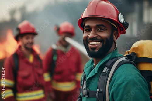 Obraz na płótnie Cheerful firefighter wearing a red helmet and green uniform smiles confidently while working alongside his team to extinguish a wildfire, demonstrating bravery and teamwork in the face of danger w salonie