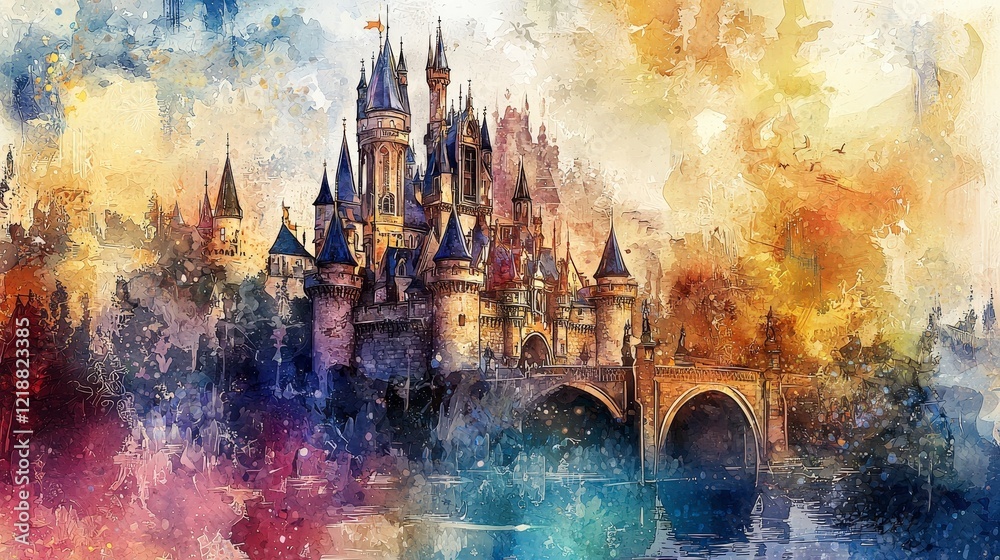 Fototapeta premium Magical Fantasy Castle Surrounded by Colorful Artistic Landscape