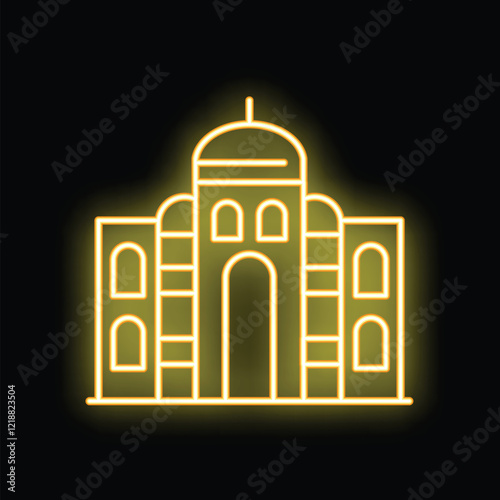 Bright yellow neon icon of the famous taj mahal mausoleum glowing on a black background