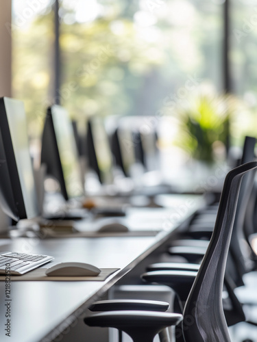 A office desktop computer. Bright and spacious office space in an unfocused view. Modern blurred background photo for banner, poster or magazine and website background. 
