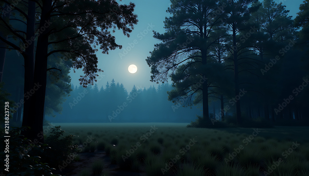 Fototapeta premium Mysterious moonlit forest landscape with a full moon shining over tall trees