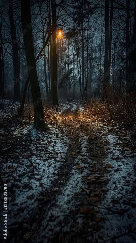 Fototapeta premium A dimly lit forest path with soft snow and fallen leaves, illuminated by a street lamp, creating a mysterious and serene atmosphere.