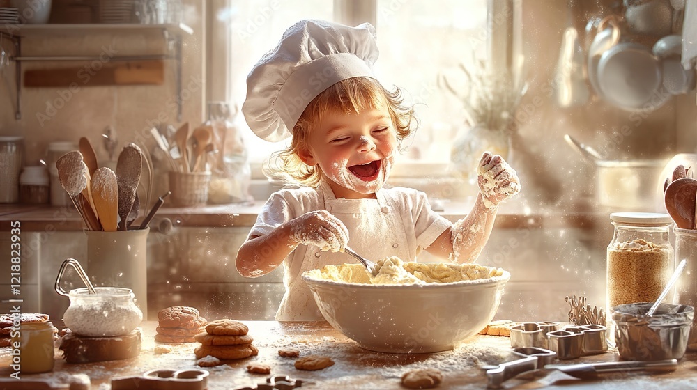 Joyful Child Baking in Cozy Kitchen, Floury Hands, Mixing Dough, Bright Natural Light, Cheerful Expression, Fun Cooking Experience, Home Baking Joyful Child Baking in Cozy Kitchen, Floury Hands, Mixing Dough, Bright Natural Light, Cheerful Expression, Fun Cooking Experience, Home Baking