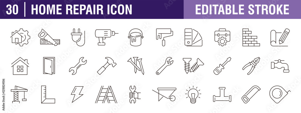 Collection of home repair icons. Renovation, painter, plumbing. Vector design template, signs, symbols, editable stroke. Collection of home repair icons. Renovation, painter, plumbing. Vector design template, signs, symbols, editable stroke.