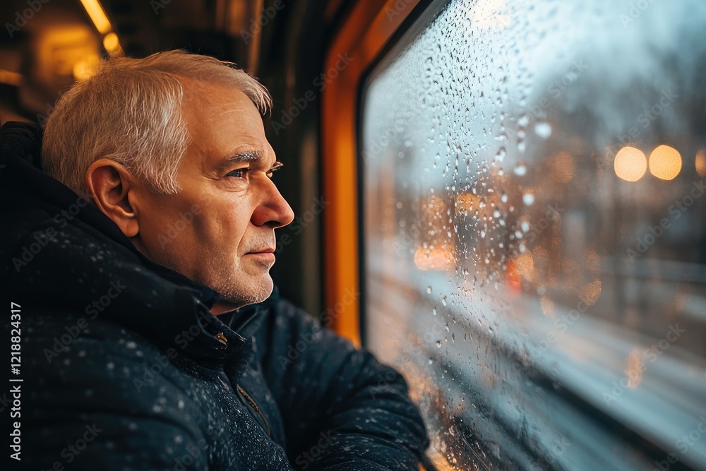 Fototapeta premium Pensive Senior Man Gazing Out Rain-Soaked Train Window Capturing Reflection and Contemplation