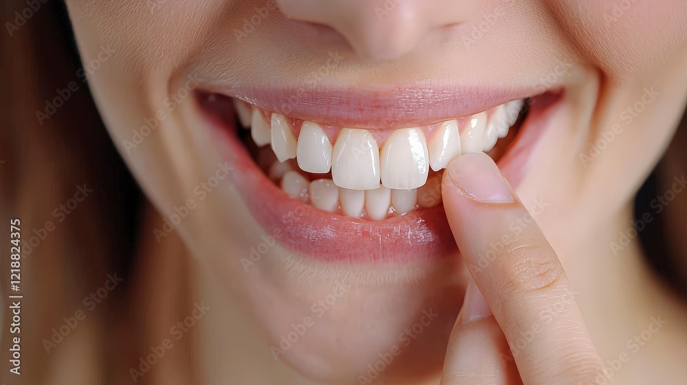 Fototapeta premium Close-Up of Woman Smiling with Healthy White Teeth and Finger Touching