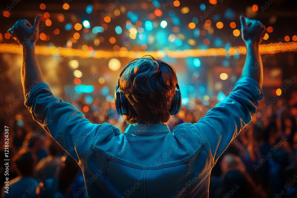 Dj wearing headphones plays music for a cheering crowd at a concert, with colorful confetti falling and lights illuminating the scene, creating a vibrant and energetic atmosphere