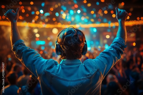Dj wearing headphones plays music for a cheering crowd at a concert, with colorful confetti falling and lights illuminating the scene, creating a vibrant and energetic atmosphere