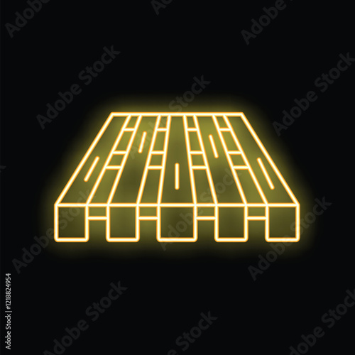 Neon sign of a wooden pallet glowing yellow on a black background
