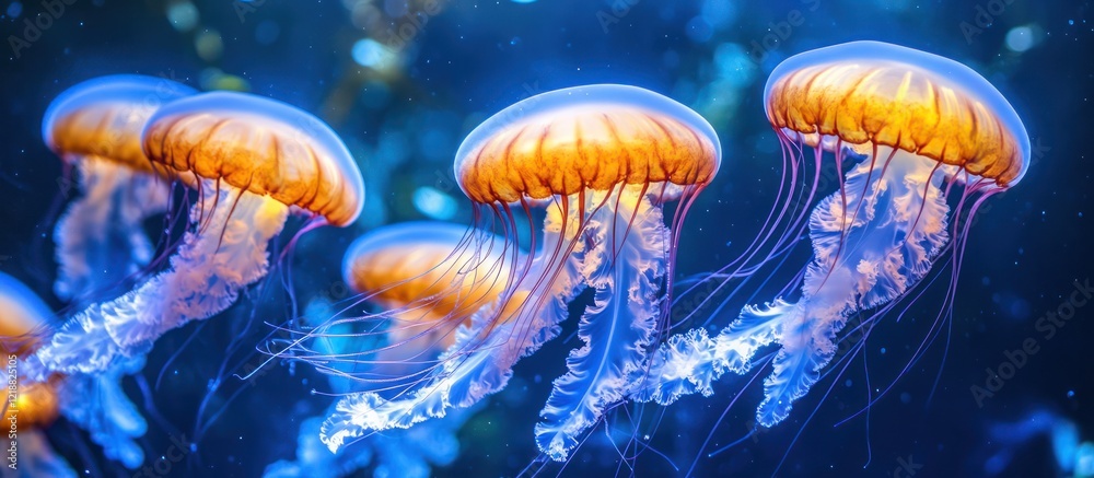 Fototapeta premium Orange jellyfish swim aquarium, blue background, nature