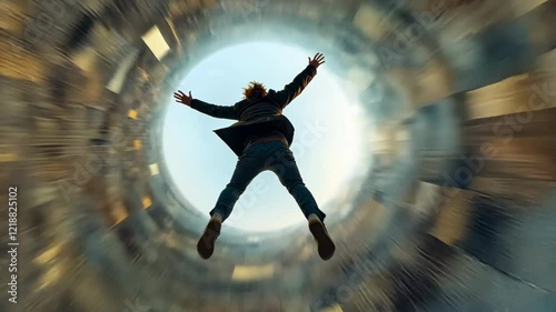 A man jumps energetically in a tunnel with a bright light at the end, symbolizing freedom and adventure. A man falls in a fabulous tunnel.