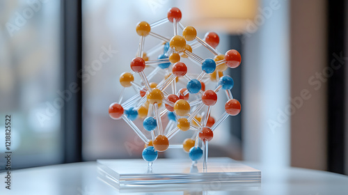 A molecular model of caffeine, with intricate details and colorful bonds, displayed on a sleek white surface, during a scientific discovery theme