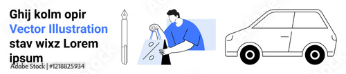 Worker packs an envelope, white car illustration, and left-aligned vertical text. Ideal for delivery services, logistics, travel planning, business presentations, marketing, instructional designs