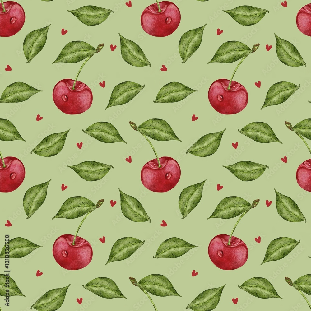 Cherry pattern for fabric design, cherry wallpaper, berry print, berry seamless pattern, green background, little red hearts, watercolor Cherry pattern for fabric design, cherry wallpaper, berry print, berry seamless pattern, green background, little red hearts, watercolor