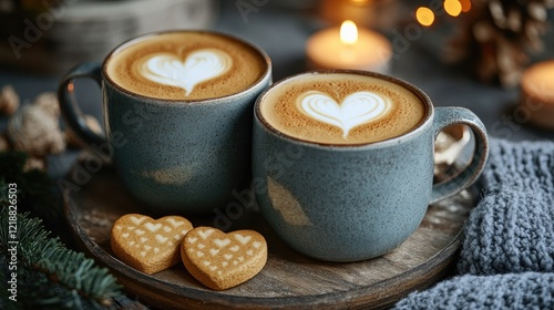 Wallpaper Mural Cozy Winter Scene: Two Heart-Latte Cups with Heart-Shaped Cookies and Candles Torontodigital.ca