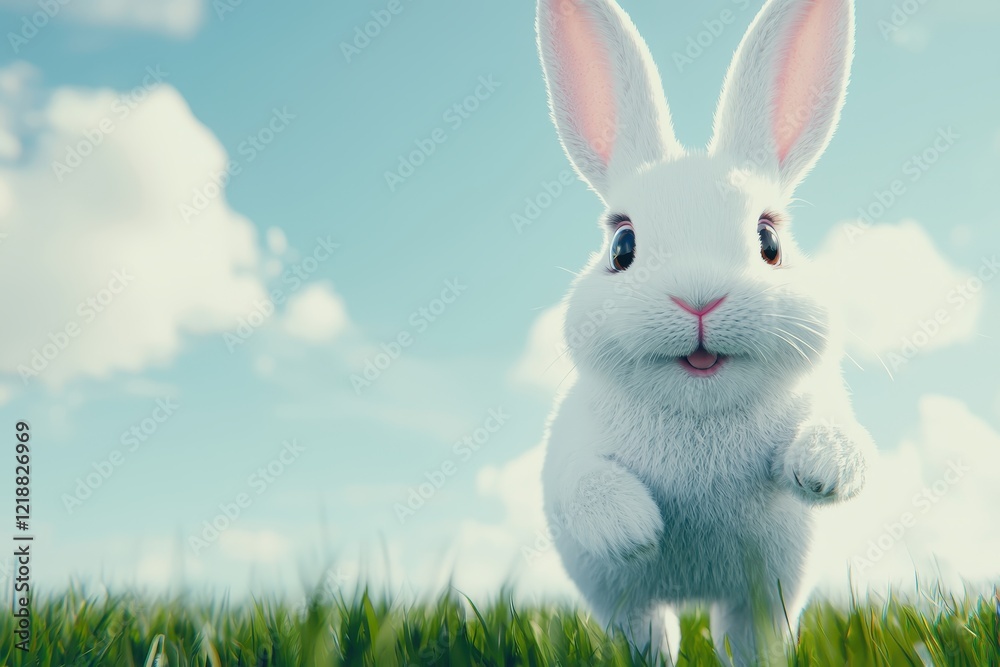 Fototapeta premium Adorable White Bunny Rabbit in Green Grass Field under a Sunny Sky