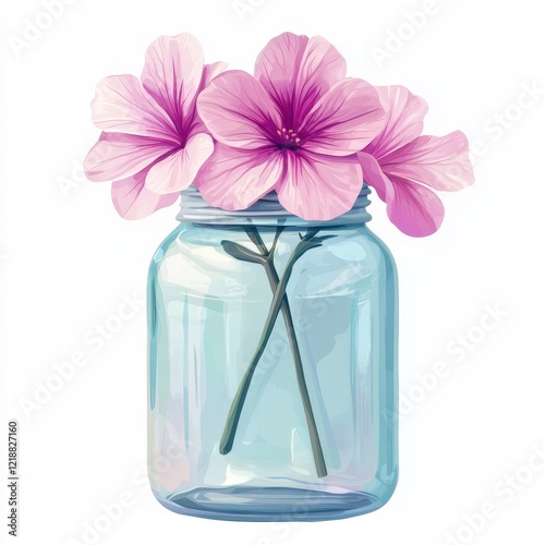 Delicate Pink Flowers in a Light Blue Glass Mason Jar Botanical Illustration Floral Arrangement photo