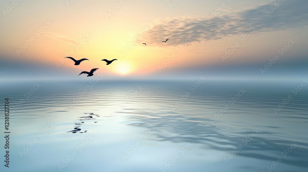 Fototapeta premium A tranquil ocean view at dawn, soft ripples in the water reflecting the first light of day, with mist rising from the surface and a few birds flying overhead.