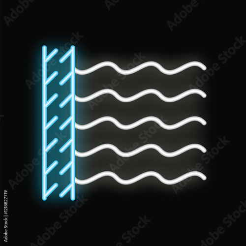 Blue and white neon style icon of a soundproof wall stopping sound waves, great for projects about noise reduction and soundproofing