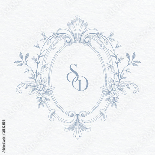 Wedding monogram with SD initials Design. Floral monogram crest design. Vintage elegant wedding crest design.