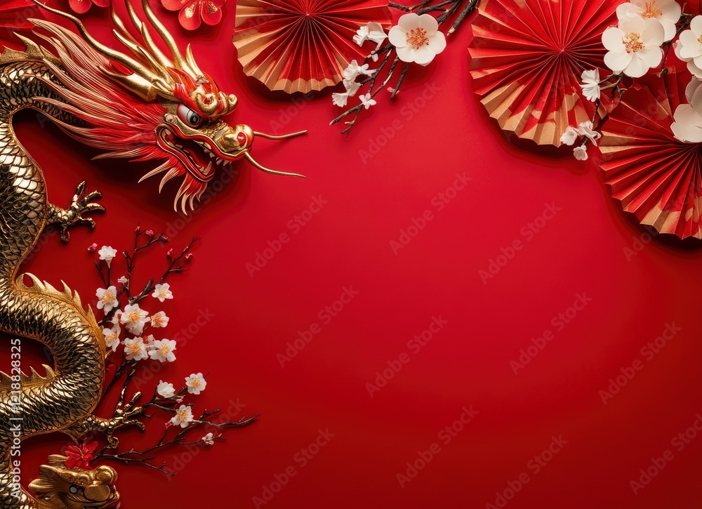 Naklejka premium Red background, red folding fan decoration on the left side of the image with white flowers and green dragon decoration, flat layout, 